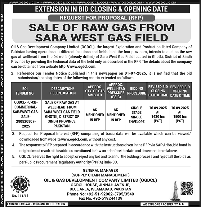 Oil & Gas Development Company Limited Islamabad Tender Notice